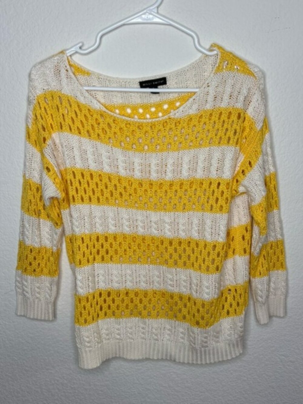 Willi Smith Yellow and Cream Open-Knit Striped Sweater